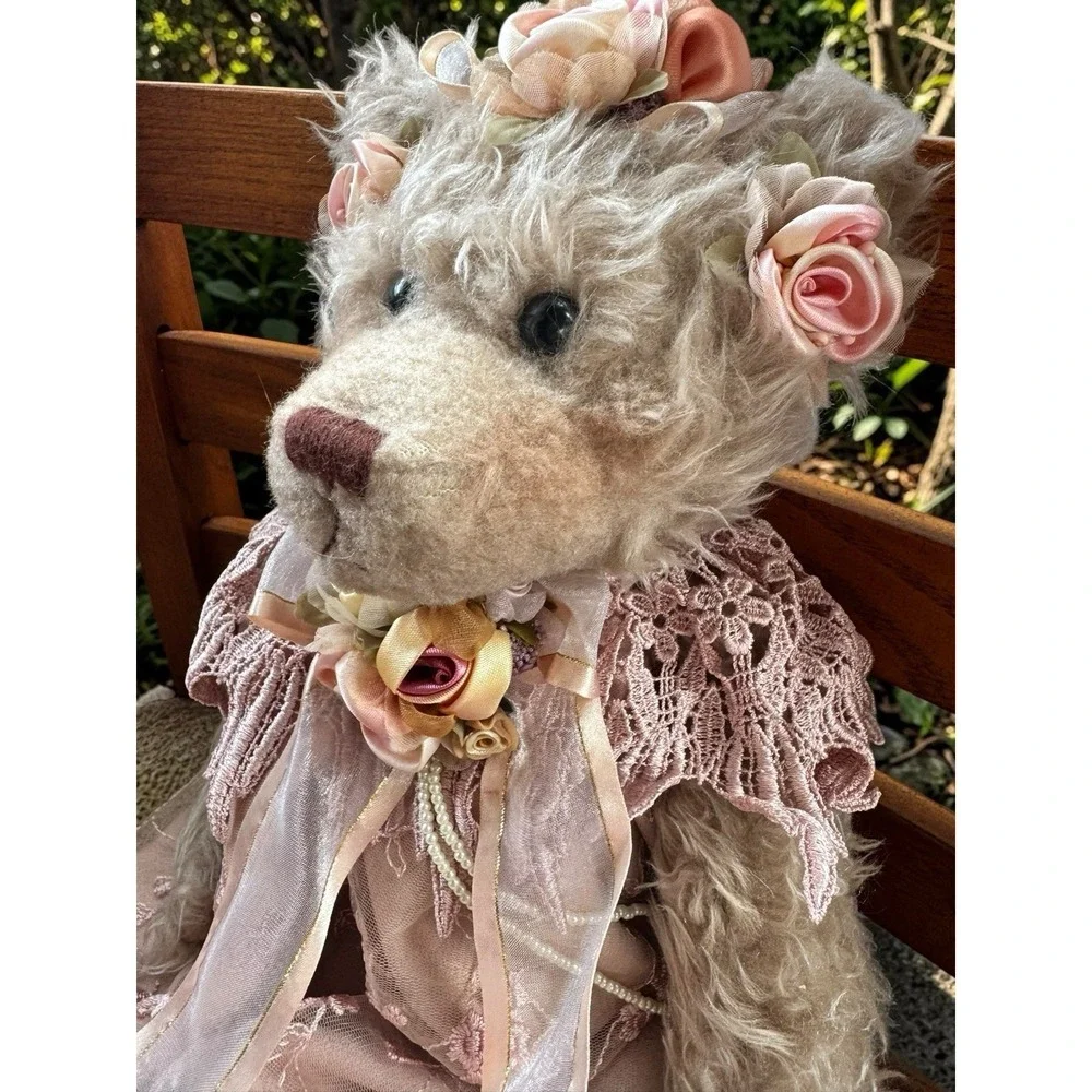 Vintage Plush Teddy Bear Doll W/Lace Dress & Floral Detail Cottagecore Aesthetic